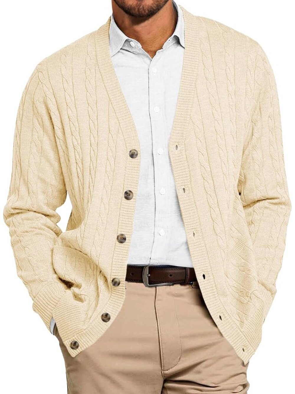 🆕Men's Beige Chunky Knit Cardigan Sweater V Neck Button Up With Pockets